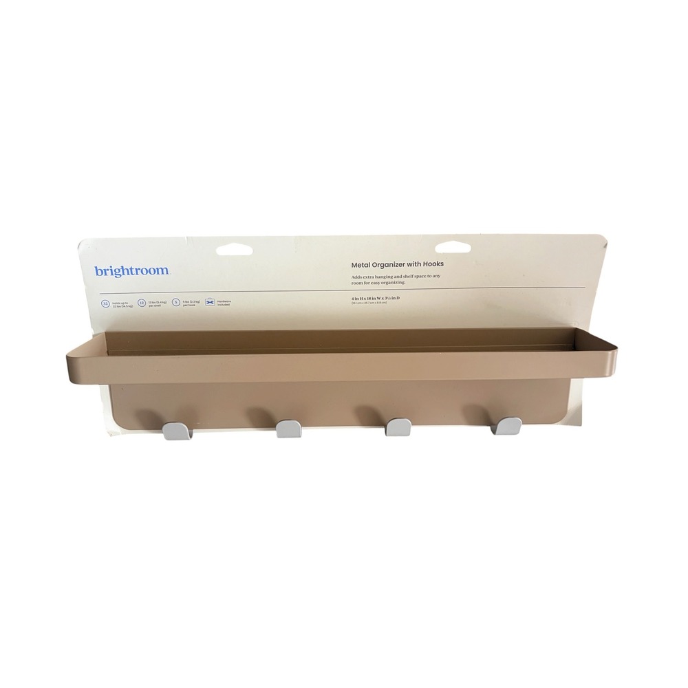 Brightroom Metal Wall Organizer with 4 Hooks and Shelf Tan 18 Inch 085038500